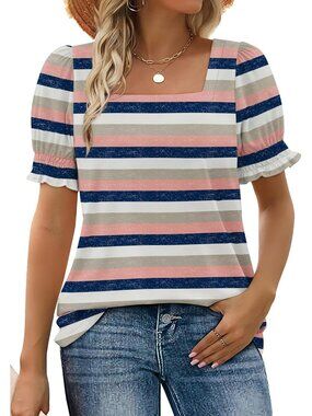 Women's 2 Multicolor Square Neck Top Summer Casual Ruffle Trim Sleeve T Shirt